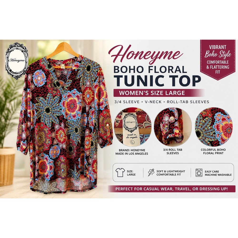 Honeyme Boho Floral Tunic Top Womens Large 3/4 Roll Tab Sleeve V-Neck